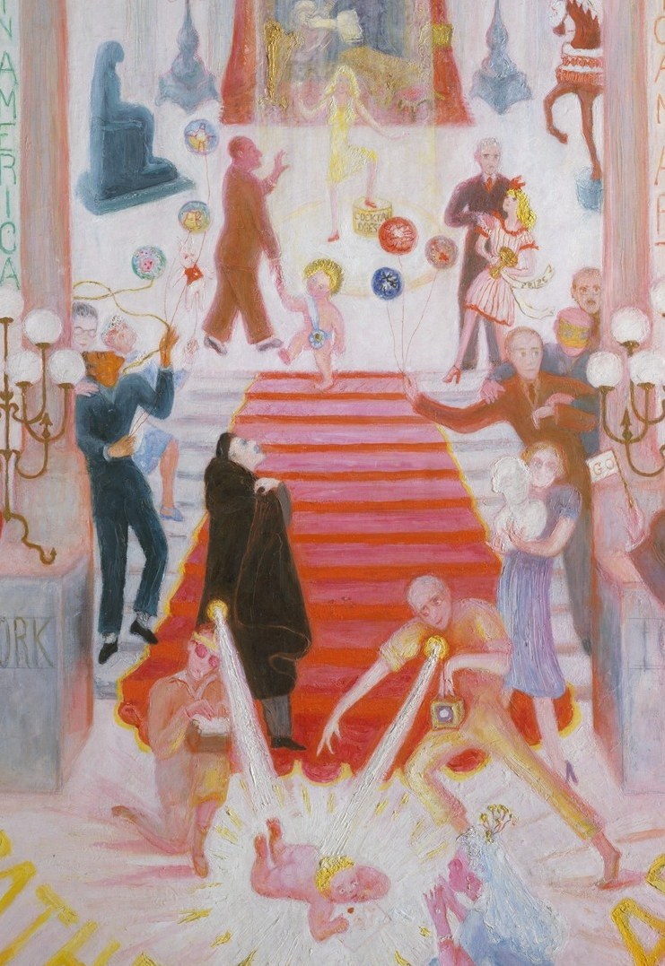The architectural spine of the whole composition , the Met's ceremonial stair , around which all the social drama radiates; its vivid red commands the eye immediately