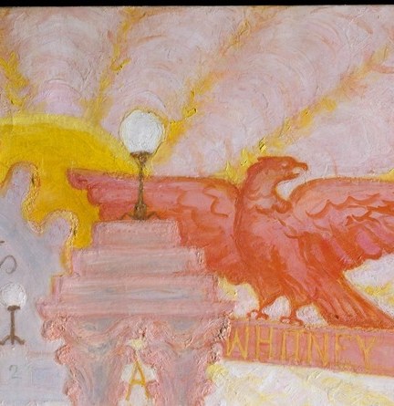 A fantastical heraldic creature perched above the Whitney or MoMA wing , an art-world mascot or guardian that rewards the eye traveling to the margin