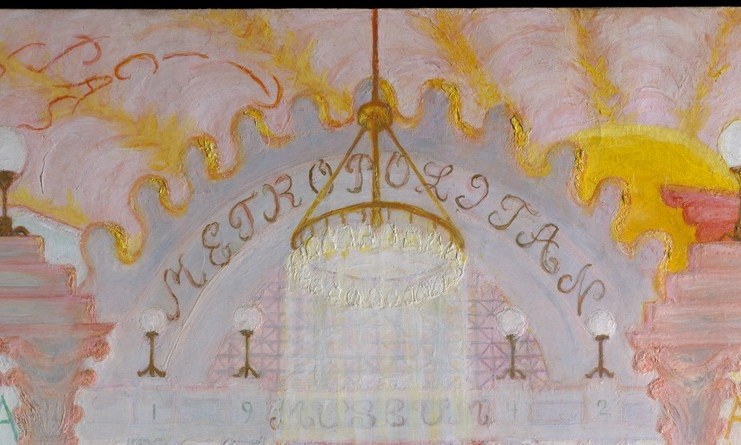The radiating golden light crowns the Met like a halo, fusing institutional grandeur with kitsch religiosity , key to her 'cathedral' metaphor