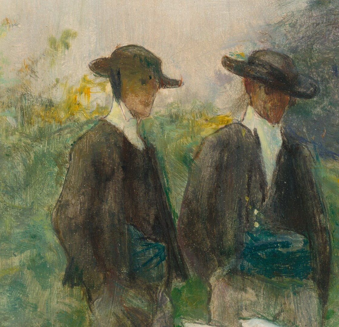 Their upright posture and hats suggest a more formal or observant role in the scene.