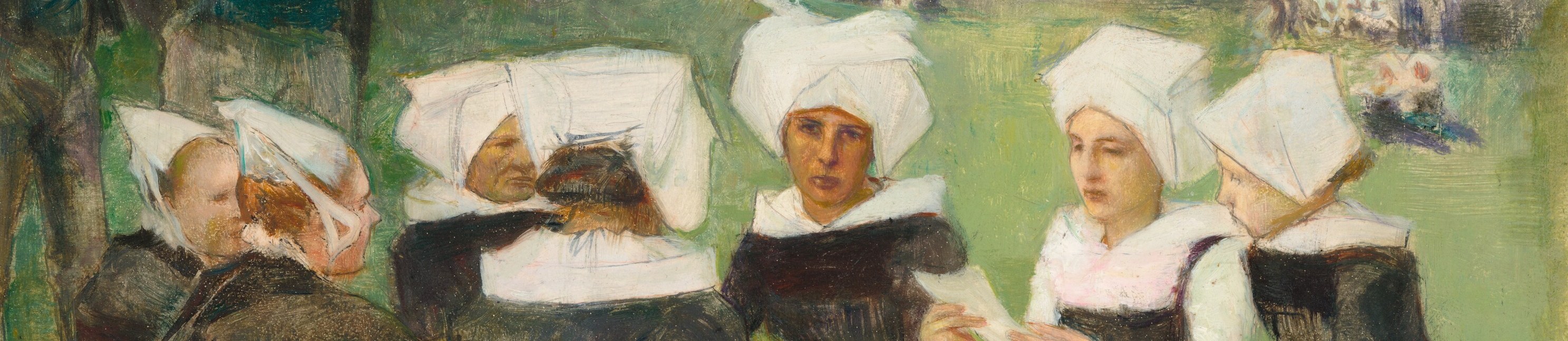 The distinctive bonnets are a strong visual motif, identifying the women as Breton and signifying tradition.