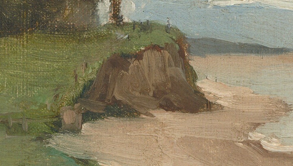 The textured rendering of the cliff edge provides a sense of depth and the ruggedness of the coastline.