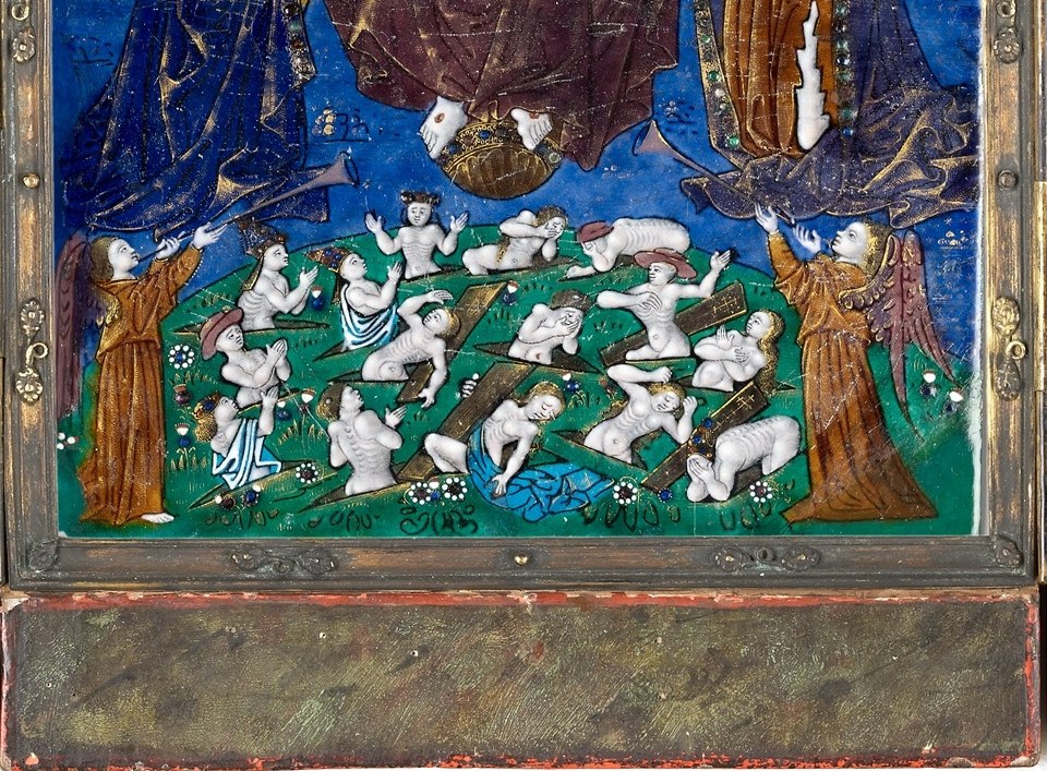 The doctrinal heart of Last Judgment iconography , bodies literally pulled from the earth , rendered as small white figures whose nakedness signals their stripped, judgeable humanity.