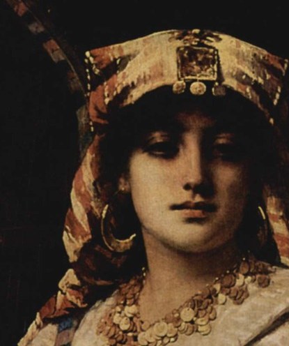 Her elaborate headdress and jewelry signal wealth and status.