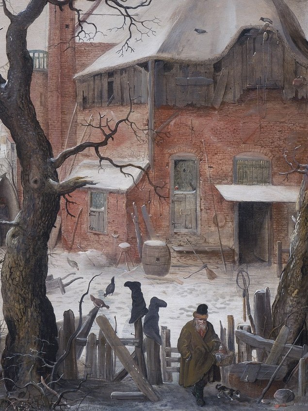Provides a sense of place and scale, with details like snow on the roof and weathered walls suggesting a lived-in environment.