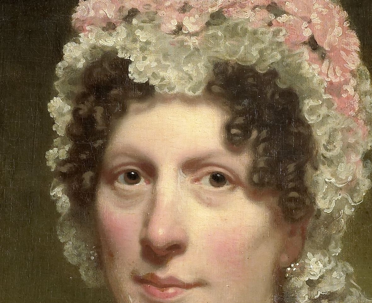 The intricate lace work showcases the artist's skill and the period's elaborate fashion for headwear.