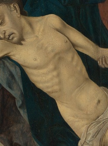 The pallid, slack-jawed face is the devotional focal point; 15th-century viewers meditated on it to feel mortality's weight , the gold ground of earlier Passion imagery replaced here by sheer color contrast.