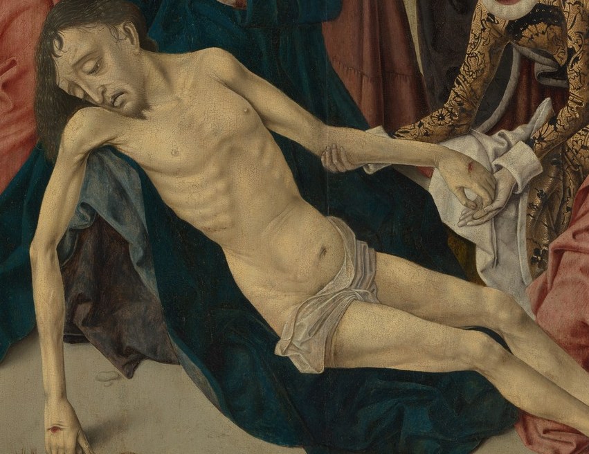 The stark ivory flesh against dark drapery reads as a self-contained horizontal light source; the body's axis cuts across the vertical mourning figures like a felled architectural column.