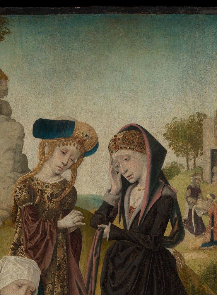Faces pressed into a compact arc of sorrow; the varied coifs , dark hood, white wimple, uncovered , individualize each of the Three Marys within a deliberately crowded composition.