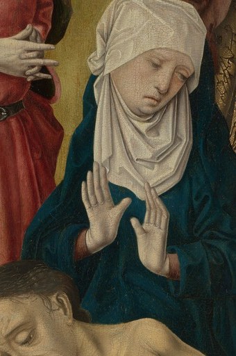 Restrained anguish rather than open weeping , this emotional economy is a hallmark of the workshop and the Mater Dolorosa ideal; her suffering is internalized rather than performed.
