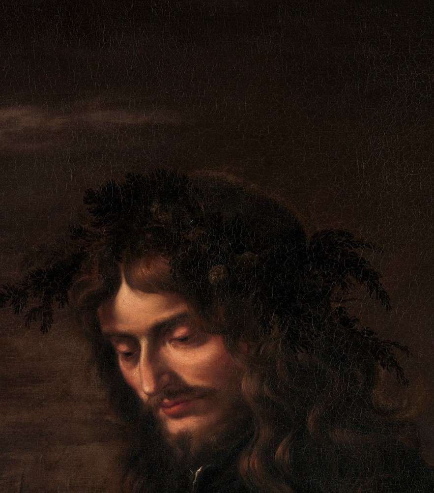 Psychological core of the painting; the slightly upward, sidelong gaze avoids the viewer and signals inward meditation rather than display
