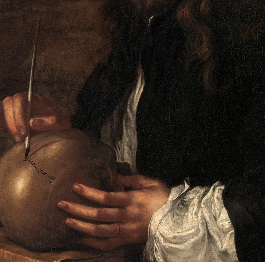 Central vanitas object; whether skull or sphere, the act of inscribing it collapses the boundary between artist, writer, and mortality , Rosa's defining self-image