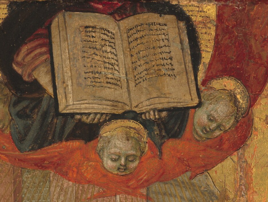 Above him, angels hold an open book in the sky.
