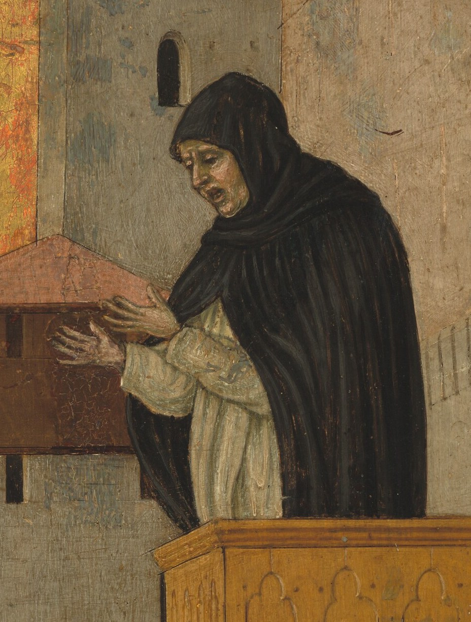 A Dominican friar preaches to a crowded city square.