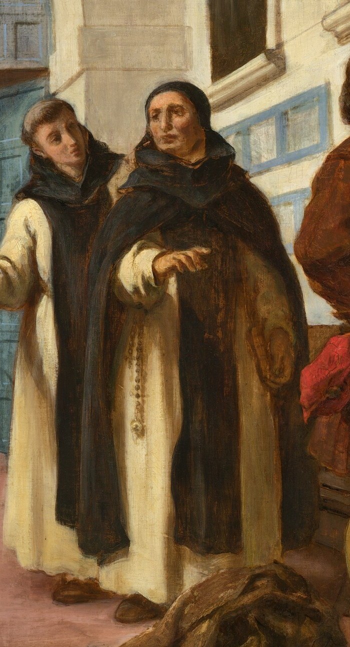 His bowed head and clasped hands suggest humility and attentiveness.