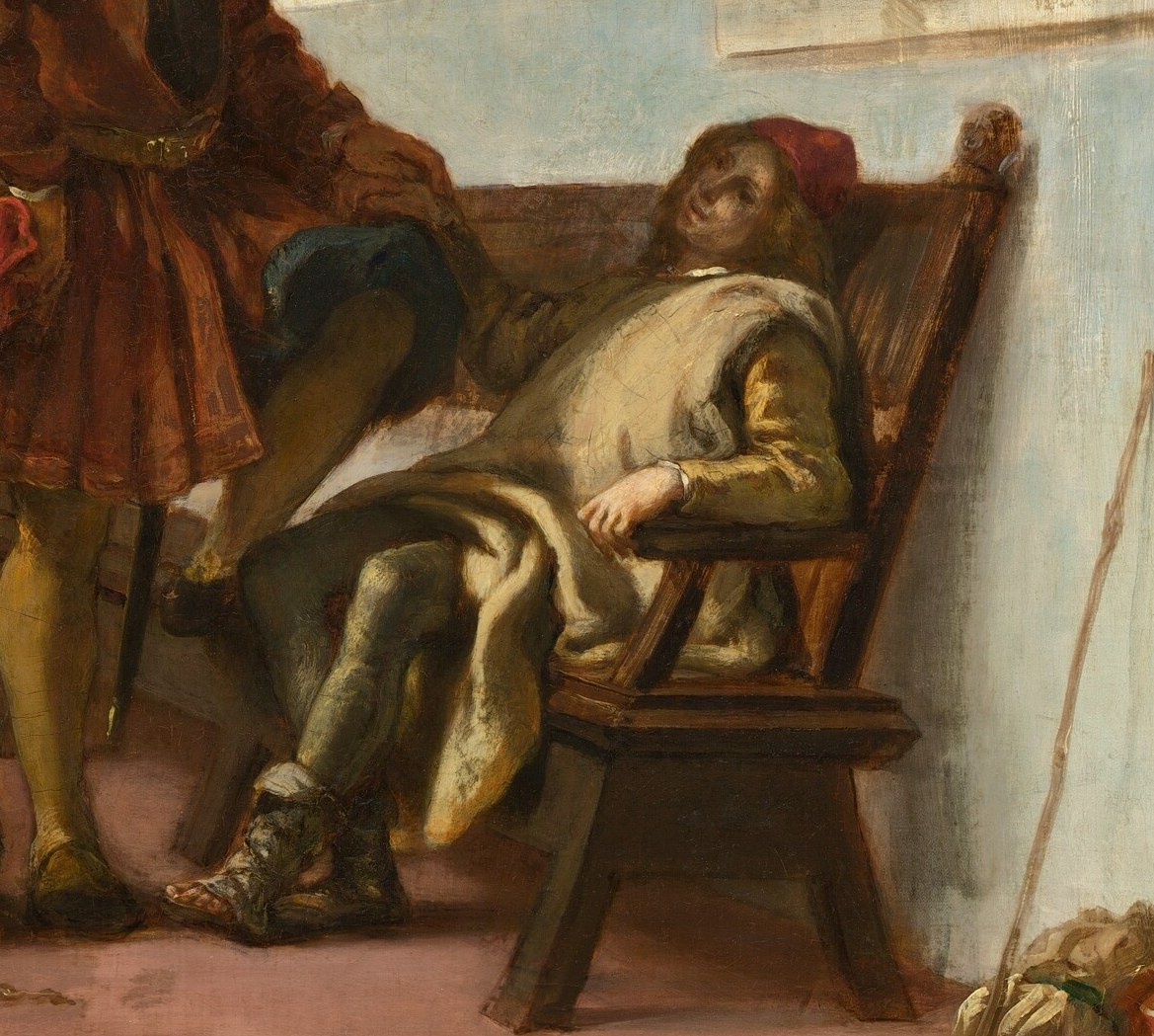 Appears weary or resigned, providing a contrast to the more active figures.