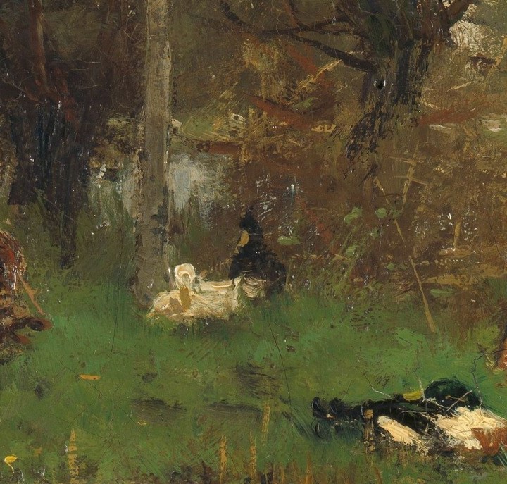 Ducks gather by a simple shelter, a common sight back then.