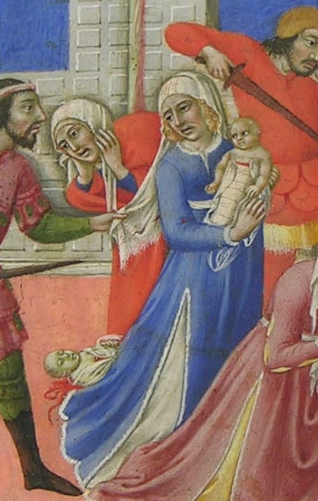 Her diagonal pose and outstretched arm are the emotional pivot of the scene; maternal desperation rendered with economical line