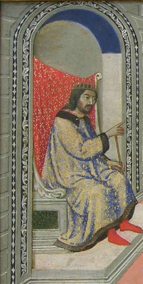 The architectural frame separates power from consequence , Herod sits in cool blue shadow while horror unfolds in warm light