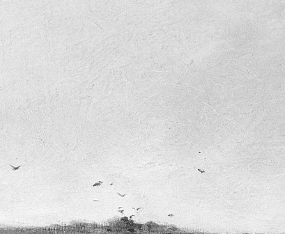 A shepherd walks at the flock's head. He leans forward with the weight of the routine.