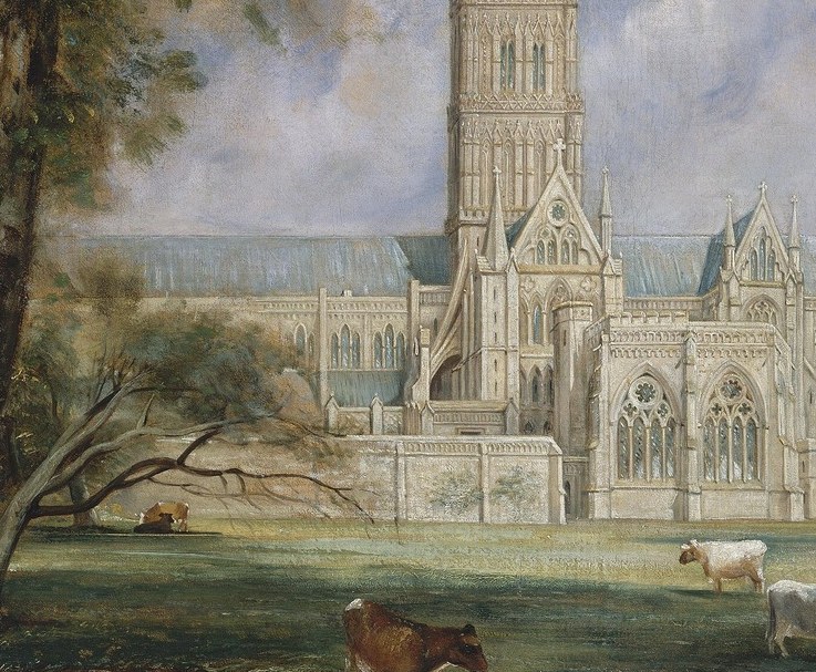 Stone tracery and flying buttresses catch the burst of sunlight that punches through the clouds, making the building glow while everything around it is relatively darker , a deliberate theatrical effect.