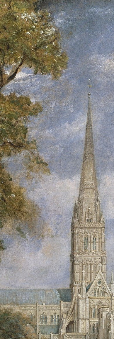 The vertical axis of the entire composition; Constable frames it through a natural arch of branches so it reads as both monumental and sheltered , permanence nested inside nature.