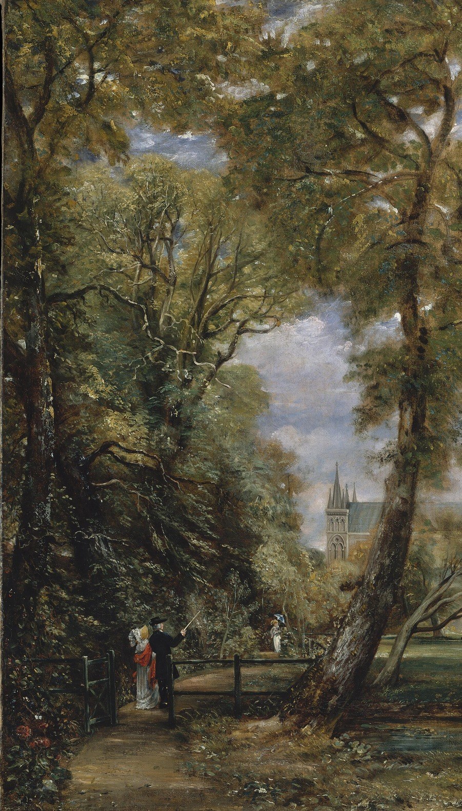 The dominant repoussoir device: its dark canopy and gnarled trunk create the 'wings' of a proscenium, forcing the eye toward the cathedral. Close-up would reveal individual leaf clusters painted with gestural flicks.