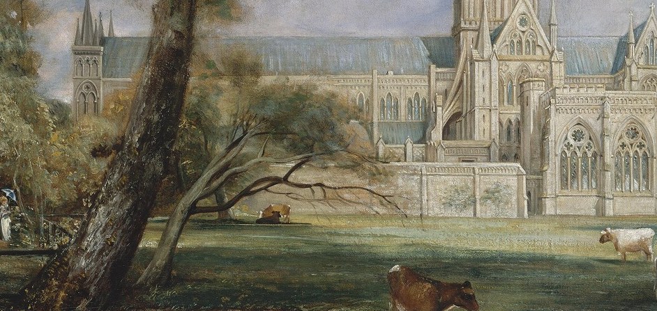 The burst of green light between deep shadow and the stone facade is where Constable's plein-air observation is clearest , this chromatic leap is the painting's emotional release valve.