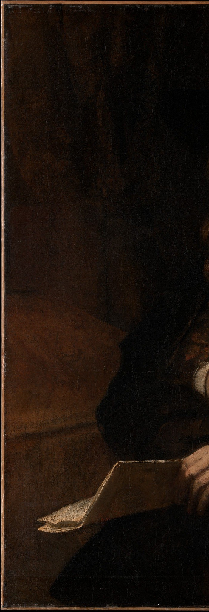 The deep, almost abstract background pushes the figure forward, emphasizing his presence and the mood of the scene.