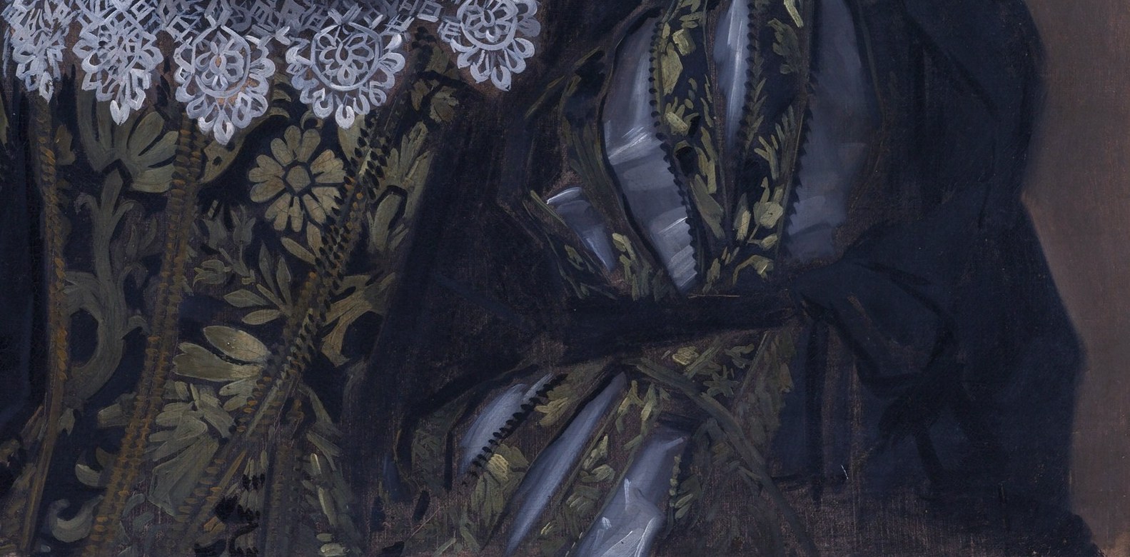 Her dark, patterned dress reflected the era's somber but rich fashion.