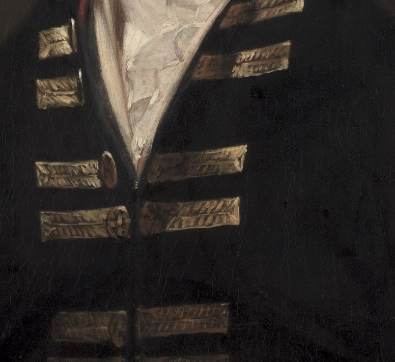 The dark, tailored coat emphasizes his formal attire and provides a strong contrast to the lighter elements of his face and cravat.