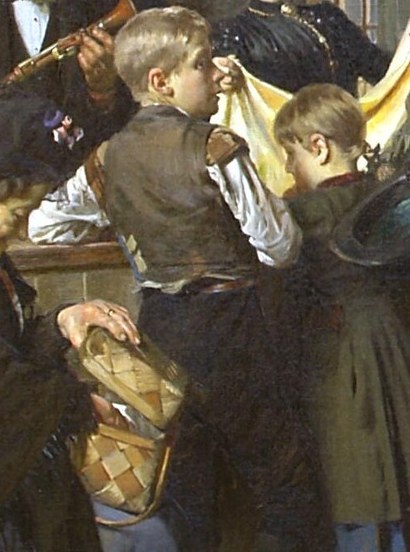 The boy holds a bright yellow cloth, perhaps a valuable item.