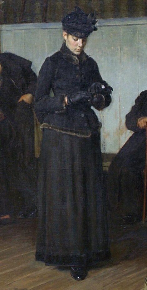 The mother's downcast gaze and somber dress convey her worry.