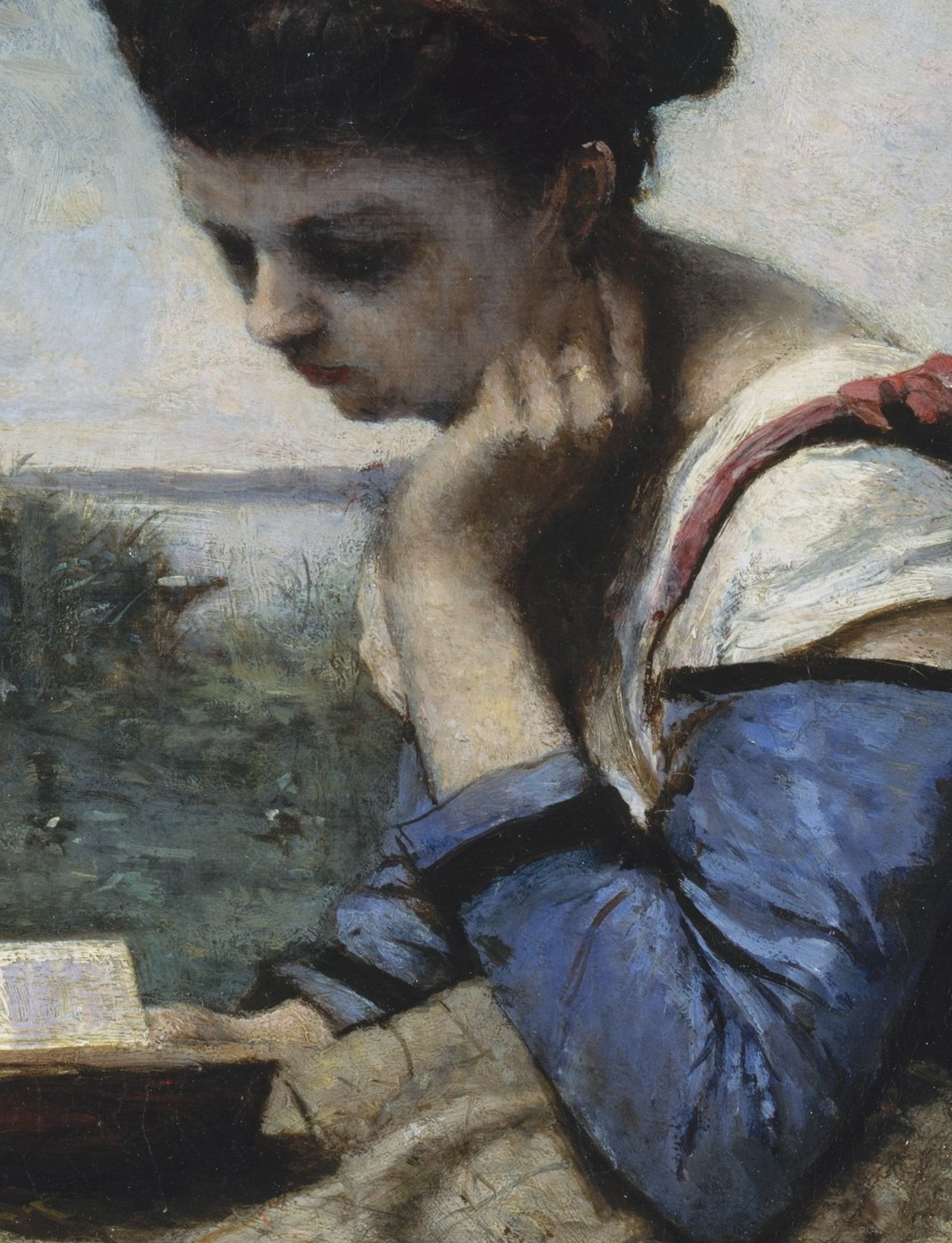 An unusually saturated chromatic accent for Corot, whose palette is typically muted; the blue functions as the compositional anchor drawing the eye to the figure's core.