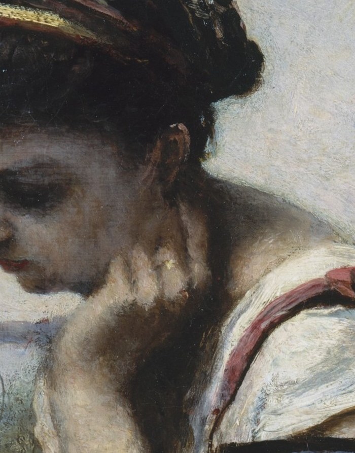 The classic thinker's pose , cheek resting on fingertips , signals reverie and intellectual engagement; it's the emotional hinge of the composition.