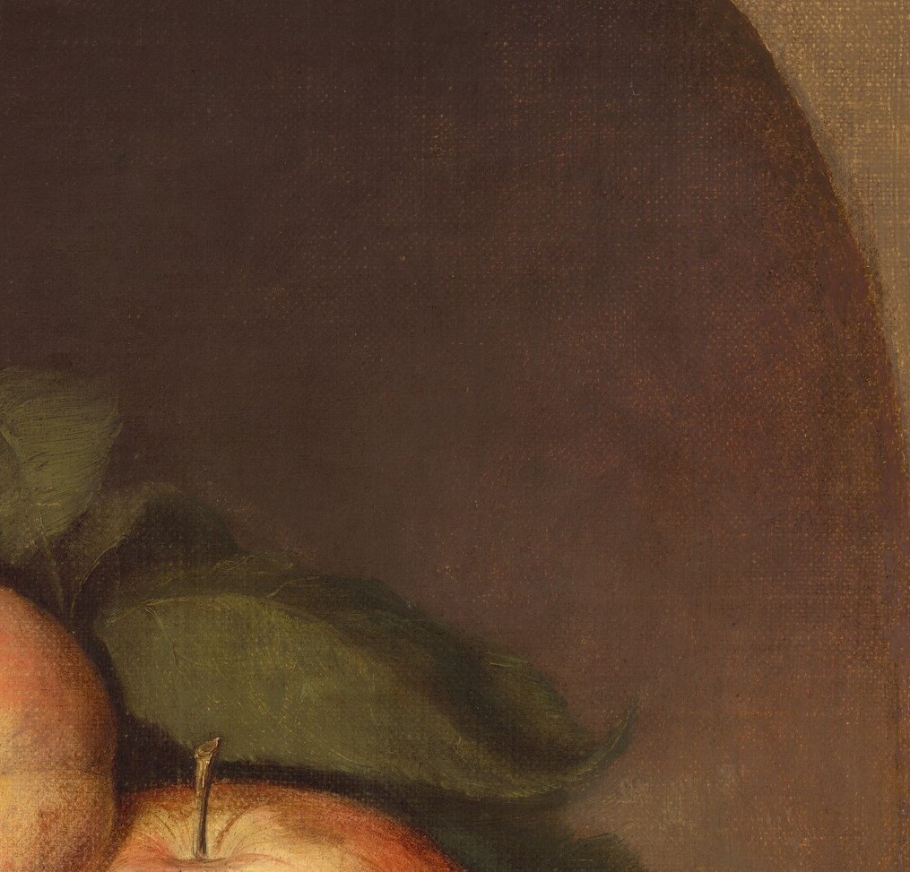Vivid scarlet against the warm neutrals of the niche; its reflective surface contrasts with the matte peach skin, showing the painter's range within a single canvas.