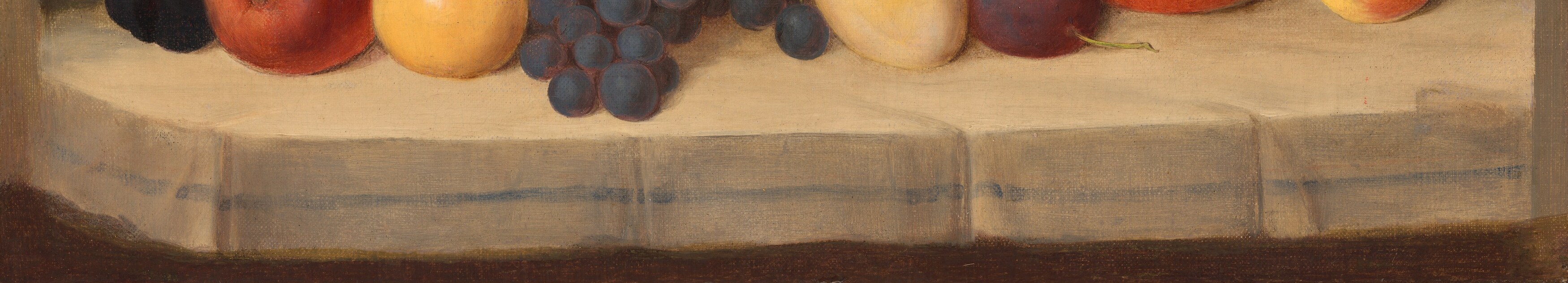 The rough-hewn shelf texture contrasts with the smooth fruit skins , a quiet technical passage most viewers skip, but it anchors the still life in physical reality.