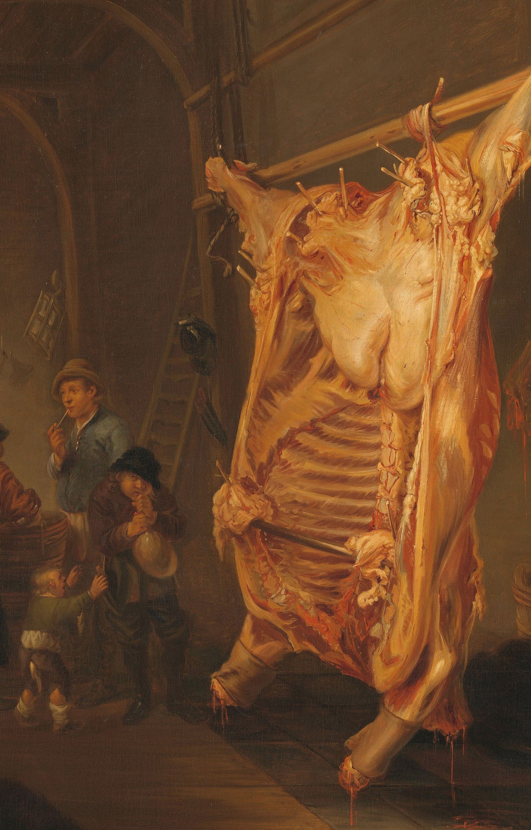 The interior of the carcass reveals an almost architectural structure of bone and meat; this is where the impasto is thickest and the paint most sculptural , a close-up would make the viewer feel the physical materiality of flesh.
