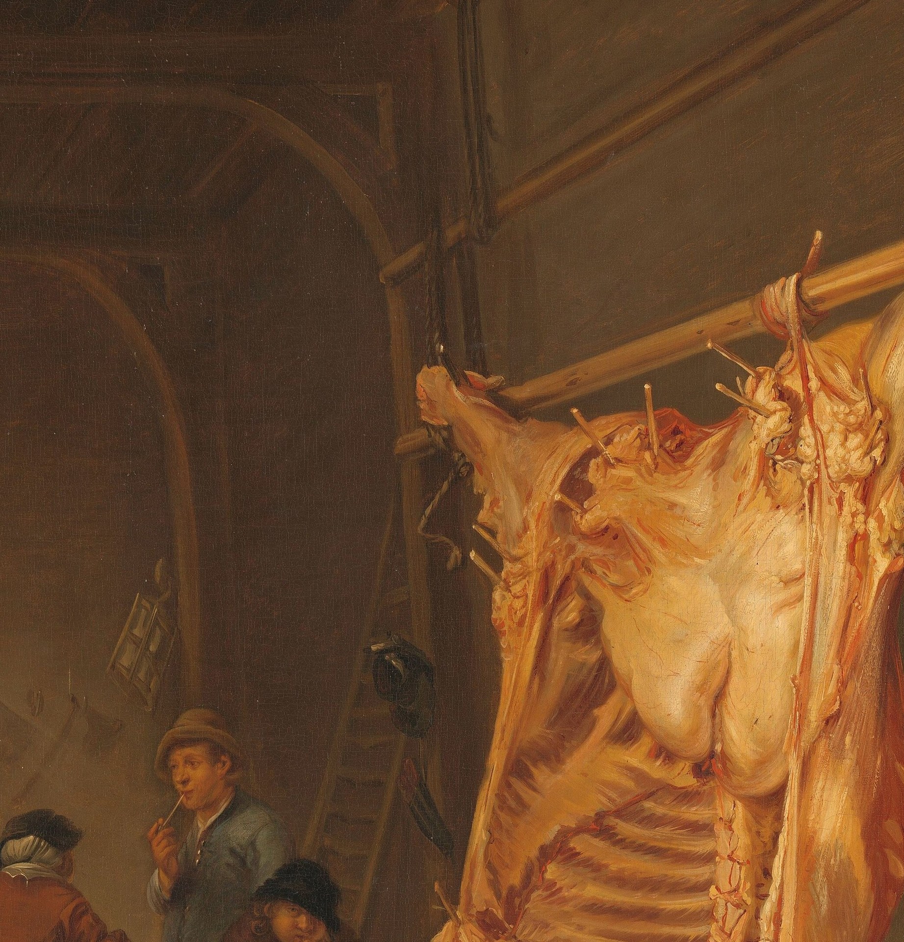 The single most technically virtuosic passage: the paint builds up physically off the canvas surface to simulate the wet sheen of raw flesh , this is the trick that contemporary audiences marvelled at.