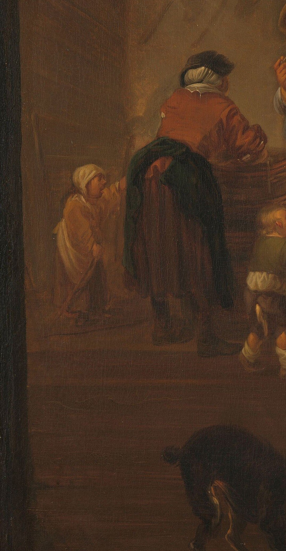 The red coat is the only warm chromatic accent beyond the meat; his presence as observer turns the slaughter into a witnessed event and invites the viewer to share his vantage point.
