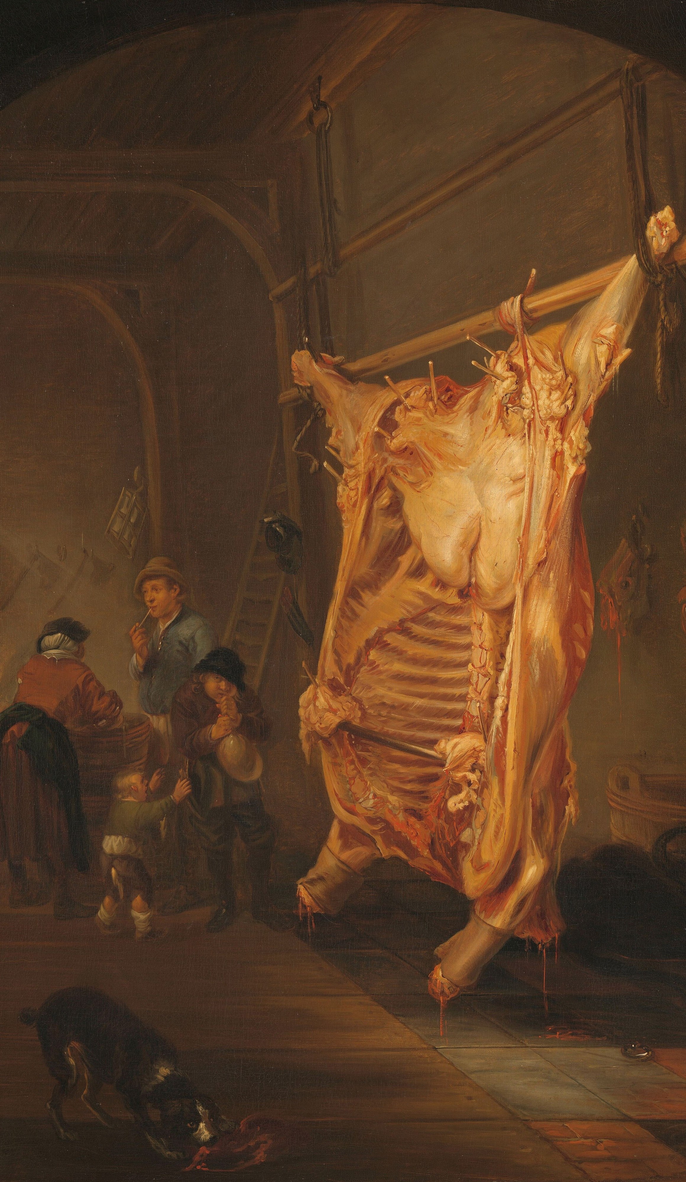 The monumental central subject , its pale, splayed form against shadow carries nearly all the painting's visual weight and its entire philosophical argument about abundance and death.