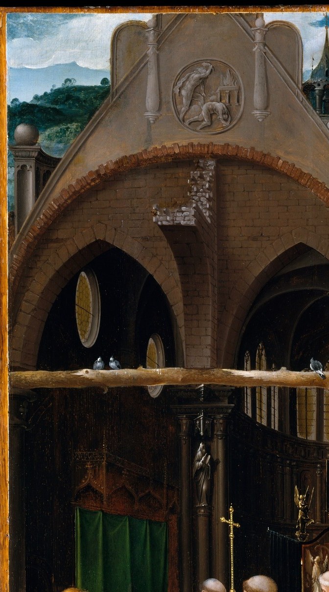 Antwerp Mannerist architecture rendered with fine detail; the arches frame the liturgical scene as if it is a stage set, blending Netherlandish Gothic with Italianate ornament, a signature of the style.