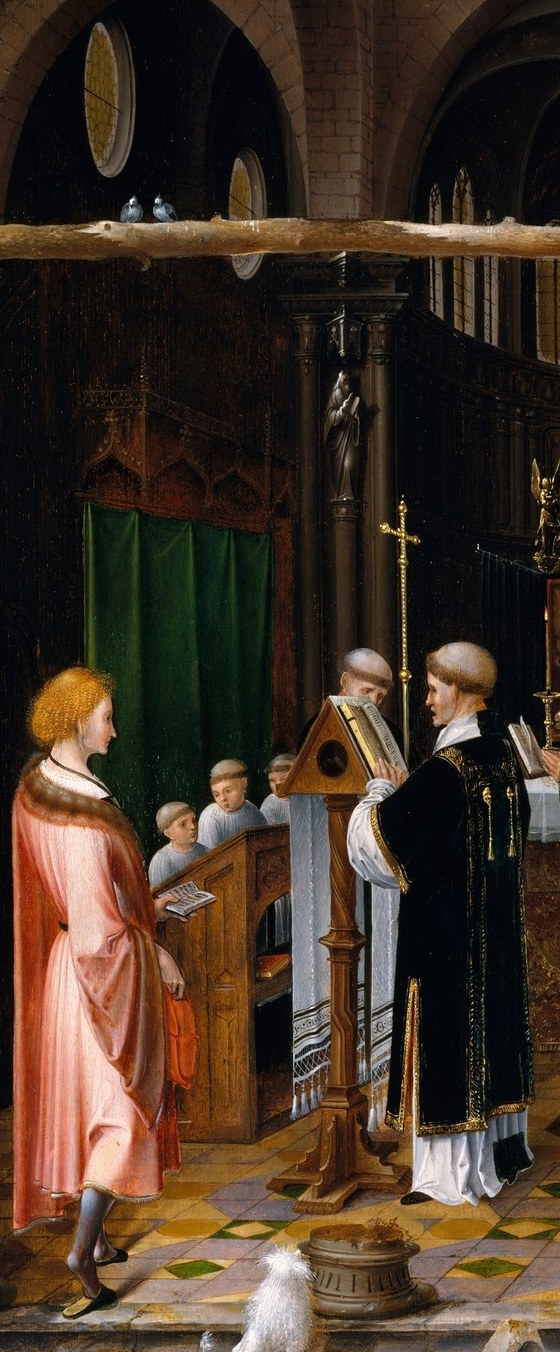 A tight knot of dark-robed men performing liturgical ritual; their overlapping forms and gestures encode the 'hearing of scripture' half of the charity/conversion narrative, close inspection reveals a book or scroll being read aloud.