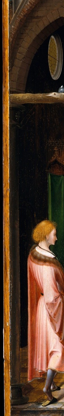 The boldly red-robed figure anchors the left edge; the saturated vermillion against the drab stone wall makes him the compositional magnet and likely identifies him as the principal saint (Anthony or a donor-saint).