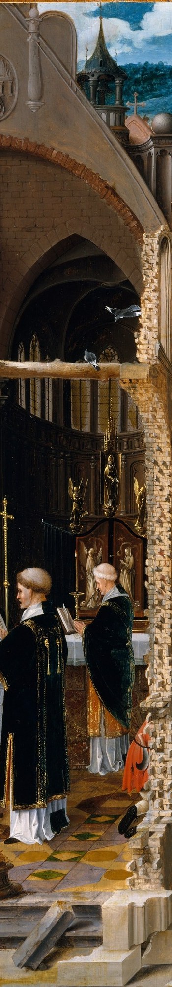 The deliberately unfinished wall is the painting's defining structural device, it physically enacts the division between liturgy and charity, a humanist theological argument made visible in brickwork and open arches.