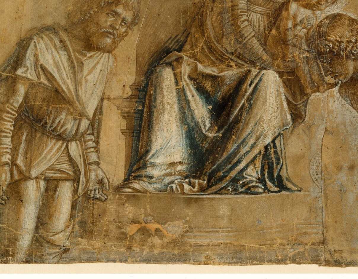 The sweeping dark mass creates the pyramidal stability central to High Renaissance sacra conversazione; its weight anchors the composition