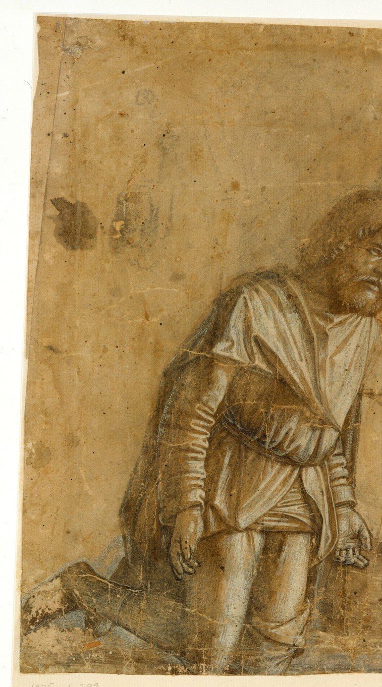 Lean forward, weight on one knee , a posture of urgency; look near the lower leg for the traditional plague sore that marks his identity