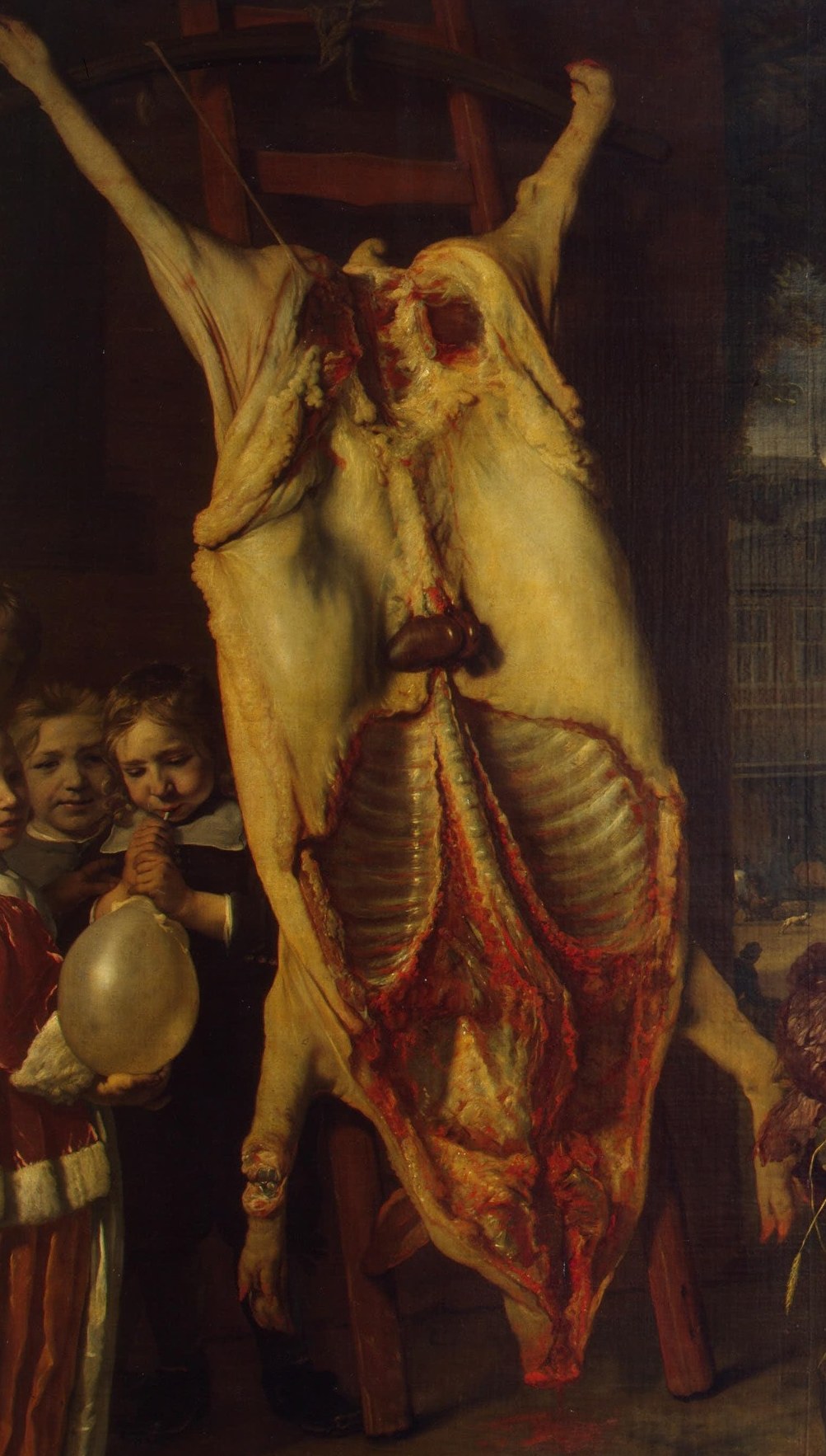 The visceral detail of the butchered pig, showing ribs and organs, is a stark representation of commerce and sustenance.