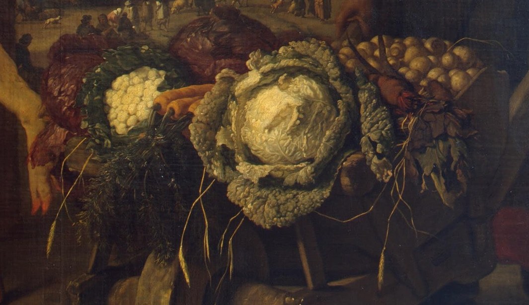 The abundance and variety of produce, like the cabbages and onions, highlight the prosperity and agricultural richness of the region.