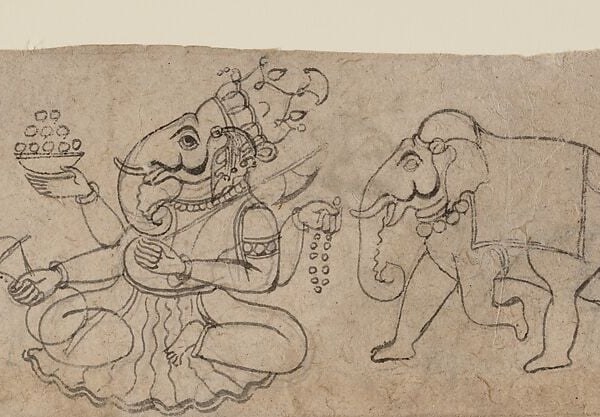 Boldly outlined in confident brushwork; its proximity to Ganesha above and the courtly hookah scene below knits the divine and the earthly together.